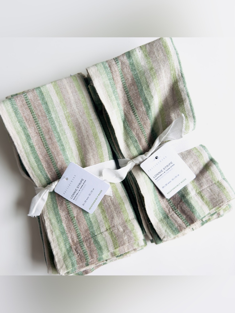 Set of 8 Pottery Barn Lonnie Green Striped 100% Linen Napkins, NWT, Retail $112